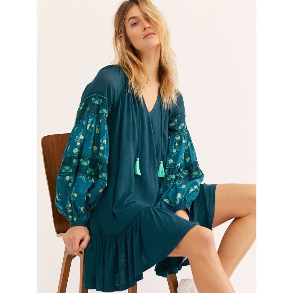 Free People Mix It Up Tunic in Jade Green | Embroidered Mini Dress
